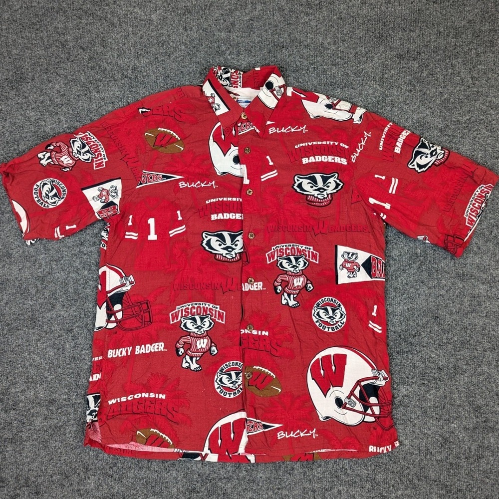 Reyn Spooner Wisconsin Badgers Button Down Shirt Red Rayon Mens Sm Bucky Badgers
